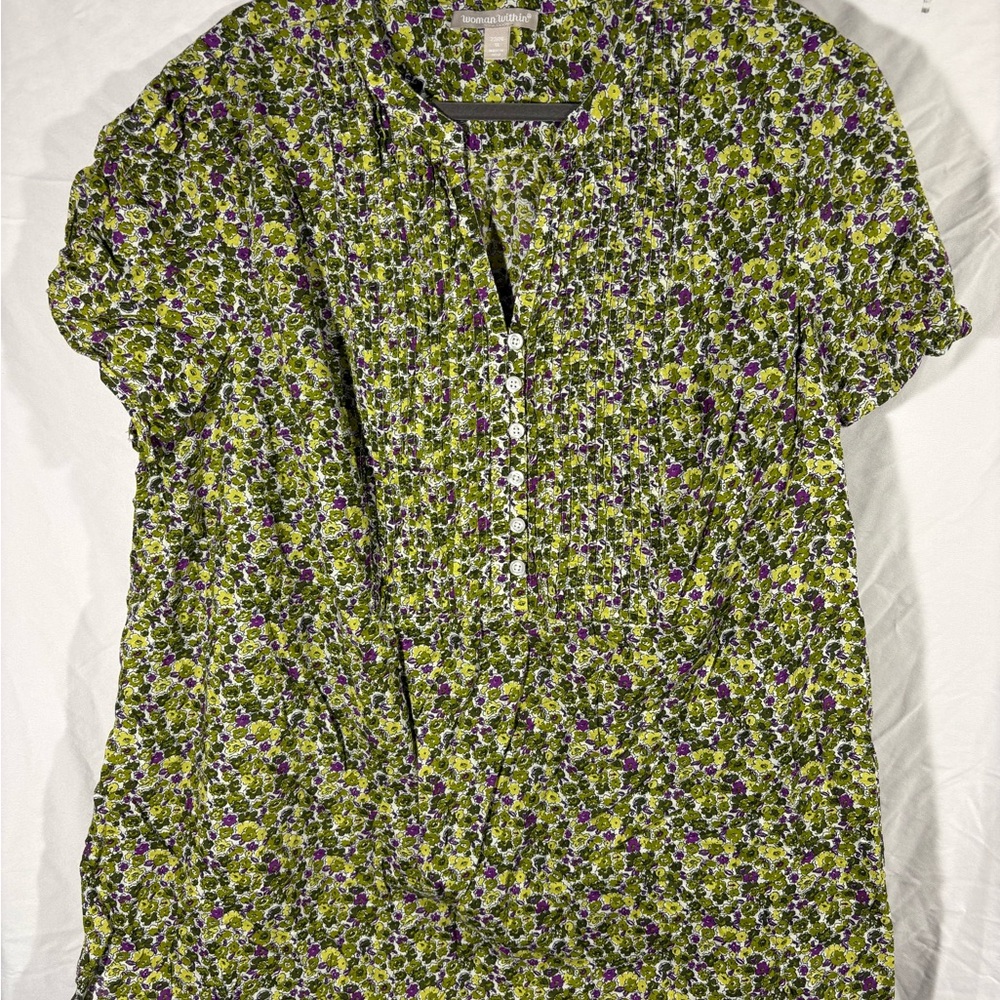 Woman Within Green and Purple Floral Top